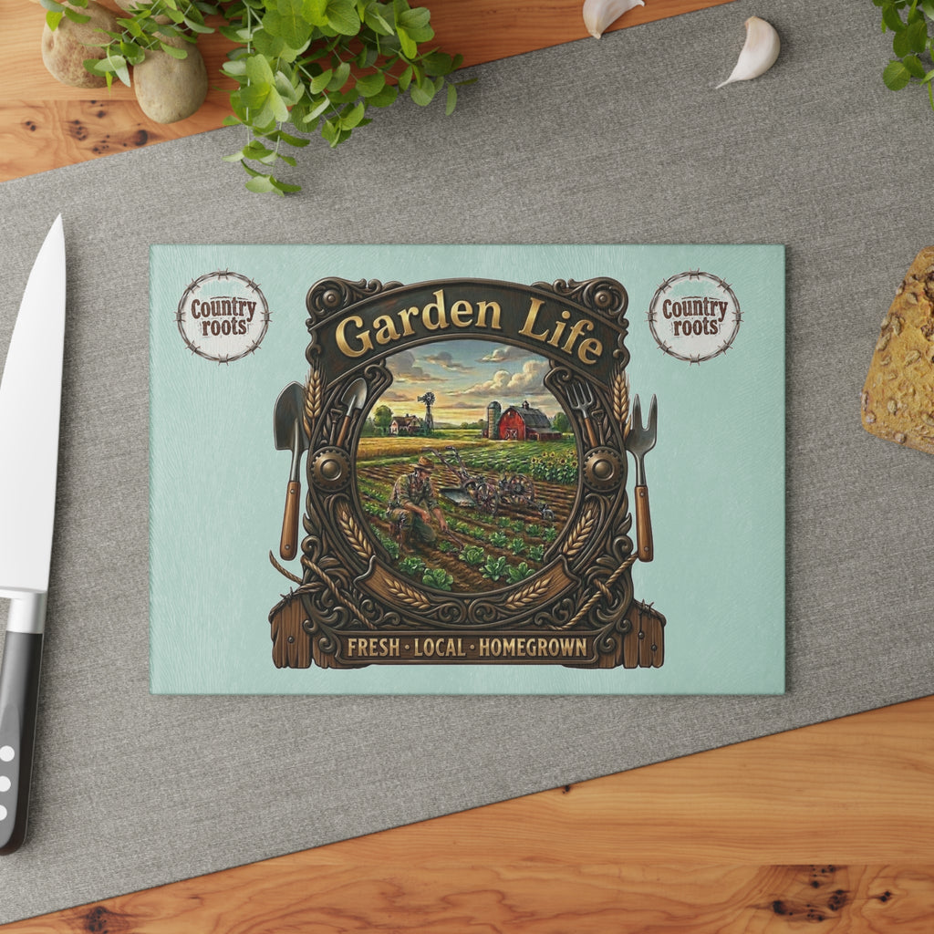 Country Roots Glass Cutting Board — Garden Life Scene Printify