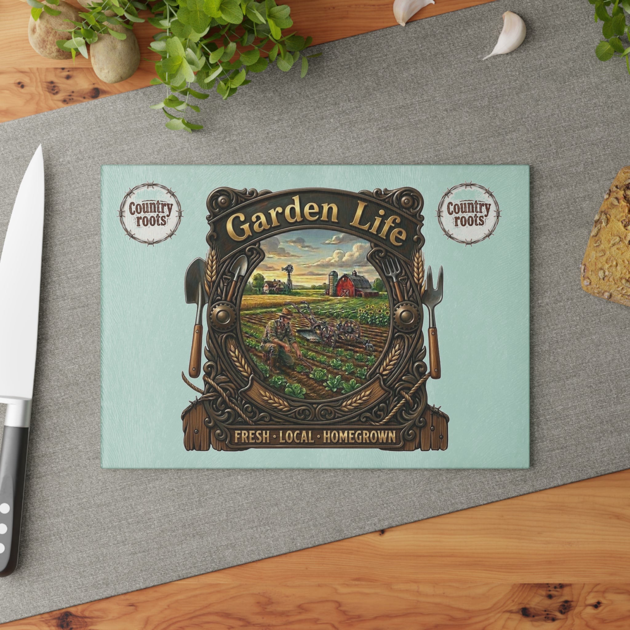 Country Roots Glass Cutting Board — Garden Life Scene Printify