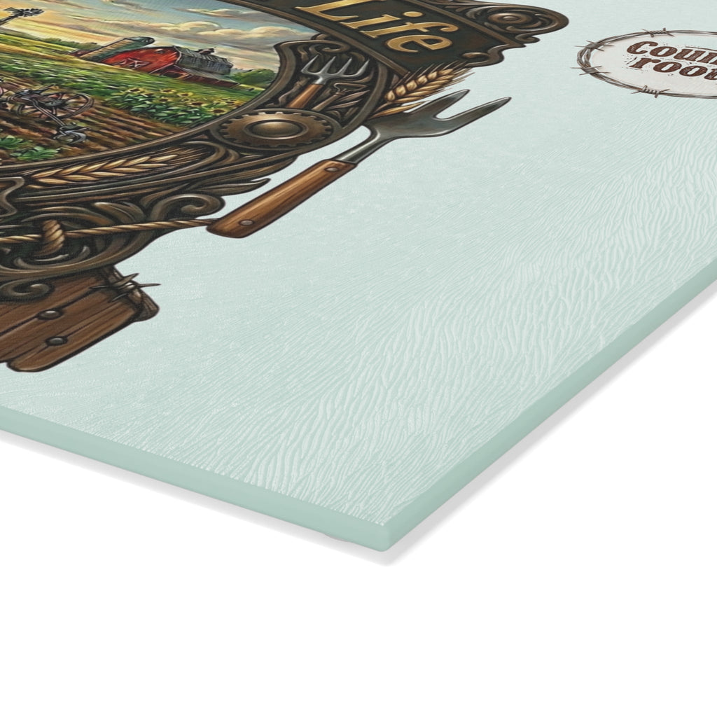 Country Roots Glass Cutting Board — Garden Life Scene Printify