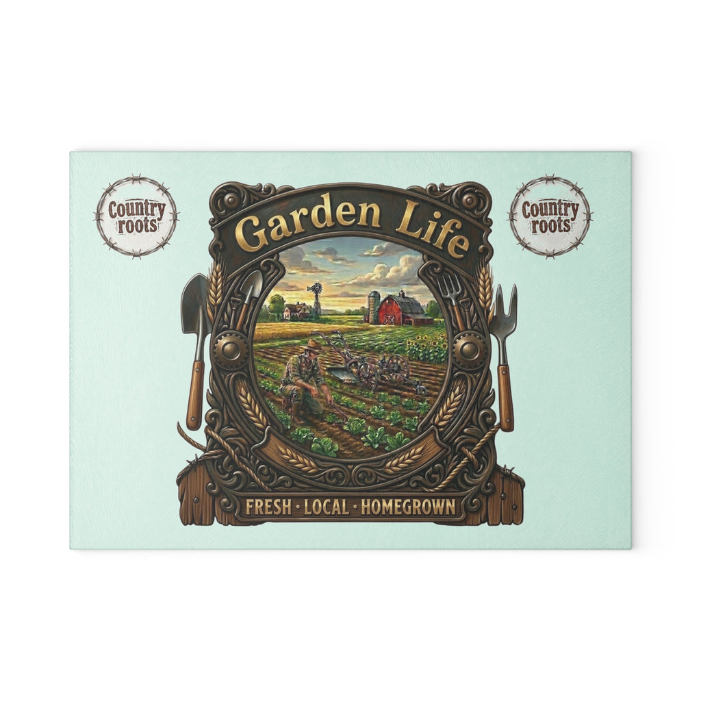 Country Roots Glass Cutting Board — Garden Life Scene Printify