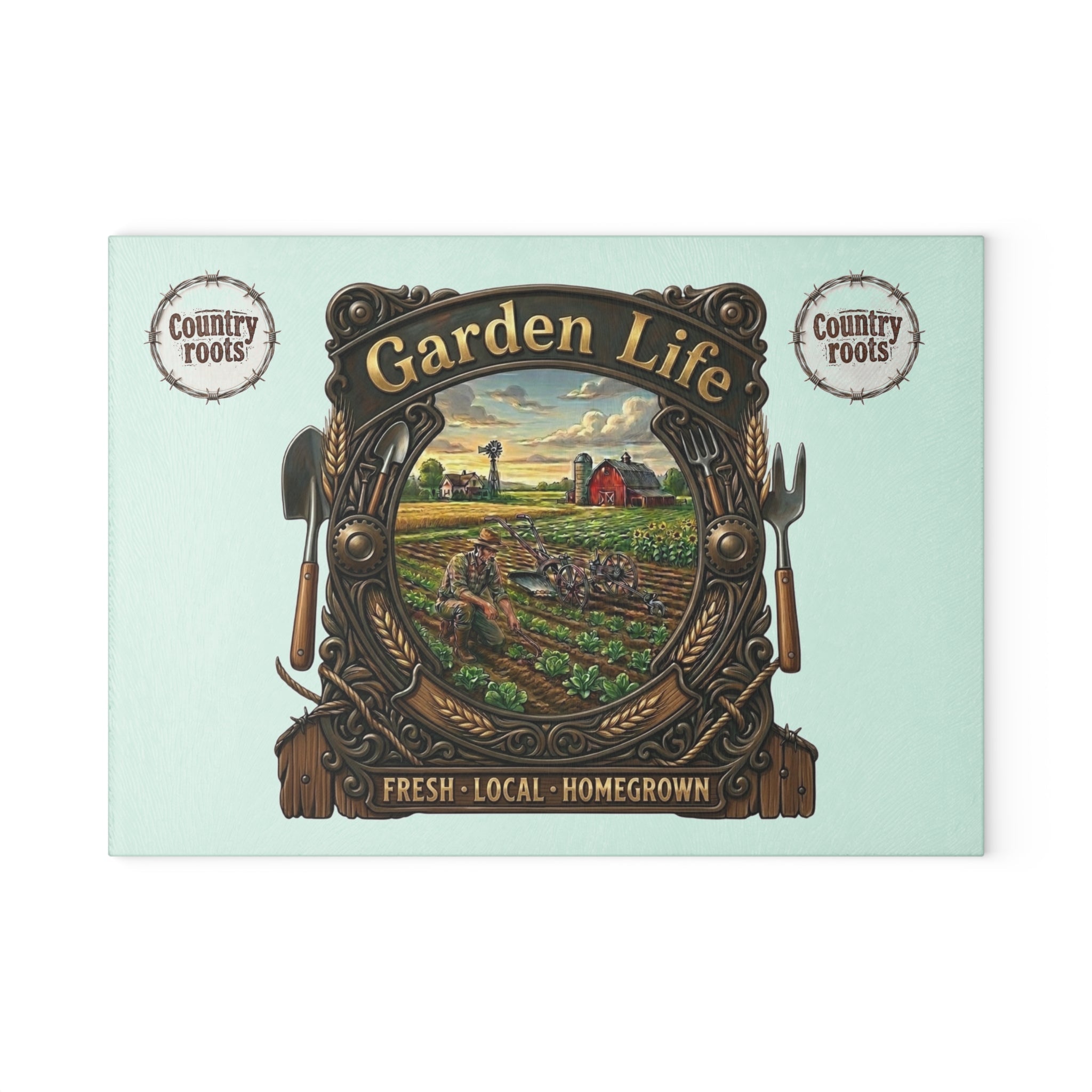Country Roots Glass Cutting Board — Garden Life Scene Printify