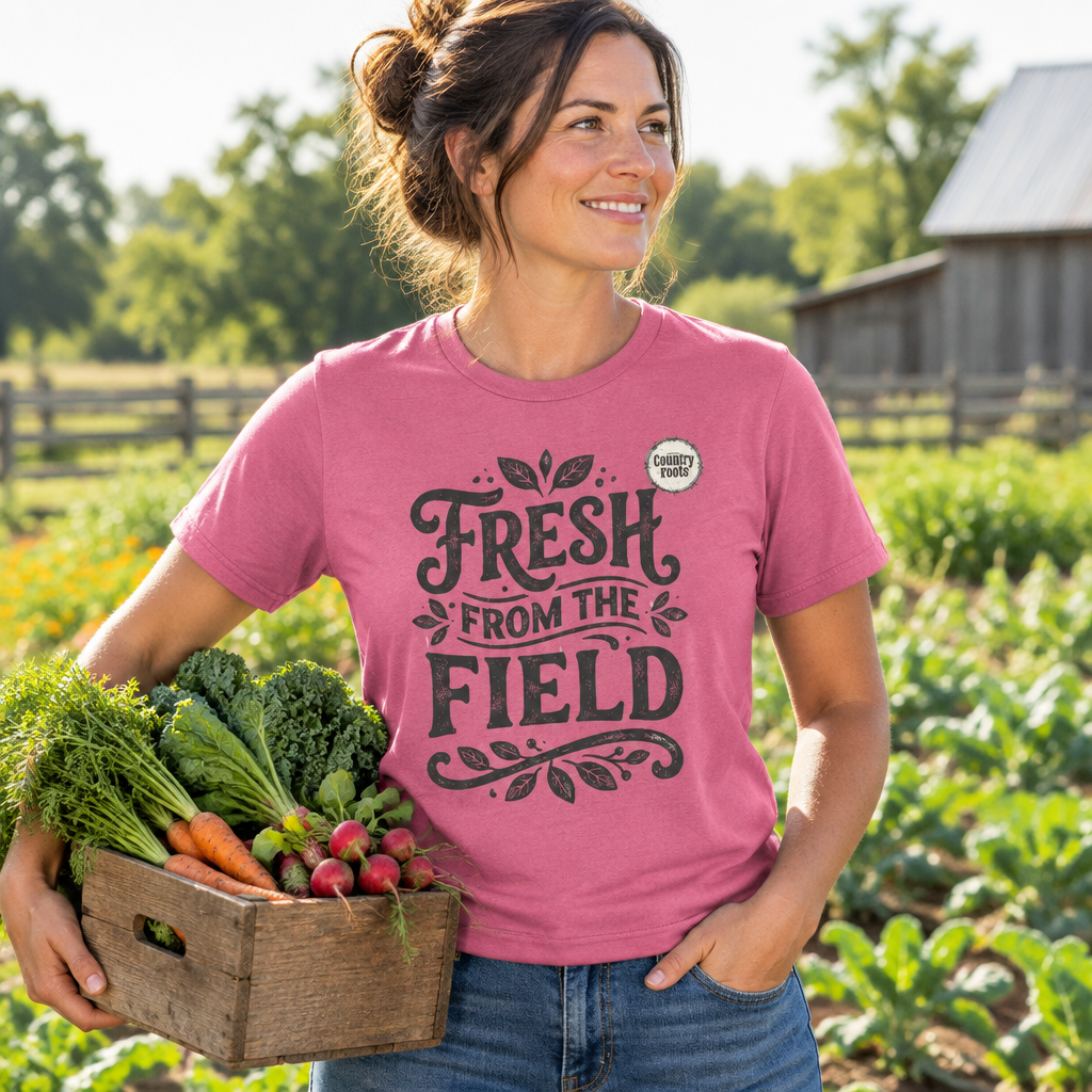 Woman farmer wearing the Fresh From the Field graphic T-shirt in a cultivated field