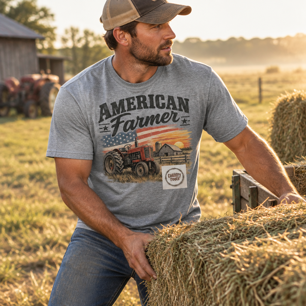 Farmer wearing the Mens American Farmer Tee while lifting hay beside a field.
