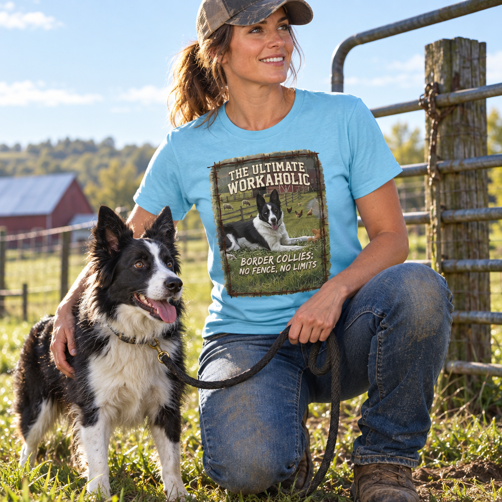A woman kneeling outdoors in a grassy field next to a metal fence, wearing a light blue graphic t-shirt with a border collie design and blue jeans, while holding a leash attached to a black and white border collie dog.
