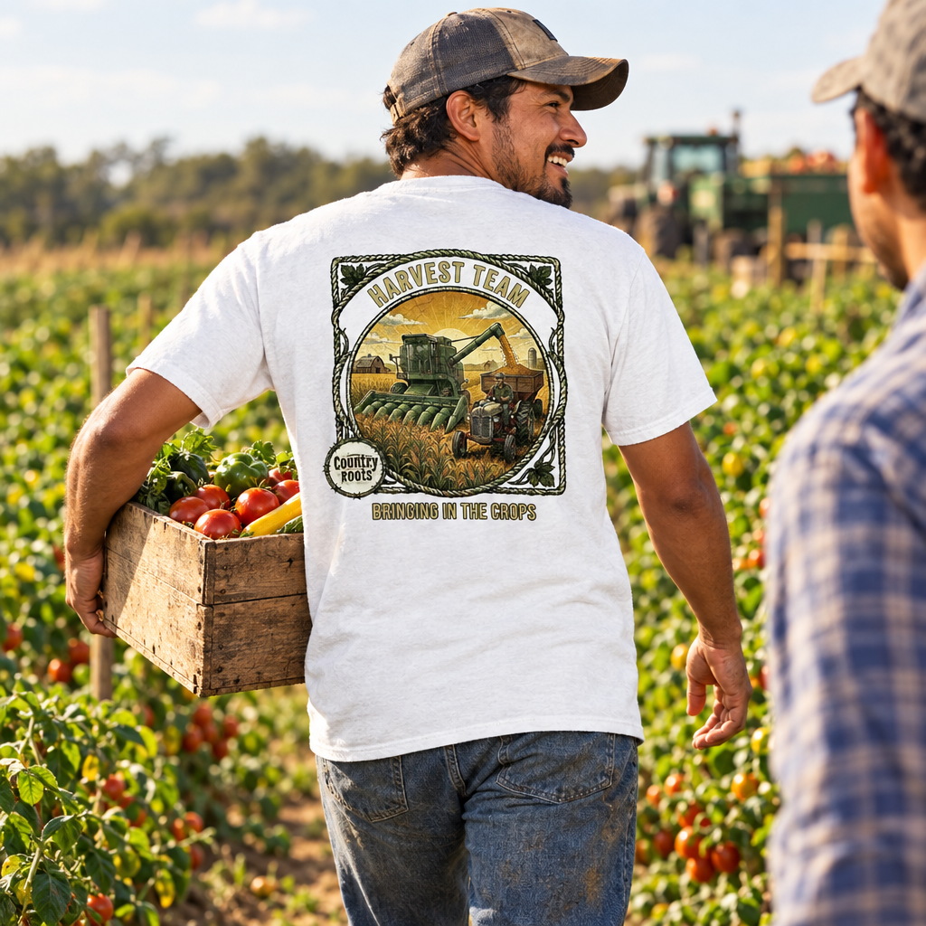 A man wearing a white graphic t-shirt walks through a tomato farm carrying a wooden crate of fresh tomatoes. The back of the t-shirt features a large graphic print with a combine harvester and the text 'Harvest Team' and 'Building in the Soil's'.