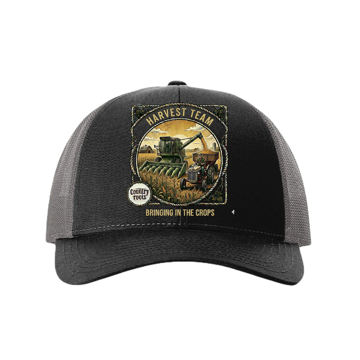 Bringing In The Crops trucker cap with a black front, gray mesh sides, curved brim, and harvest machinery patch.