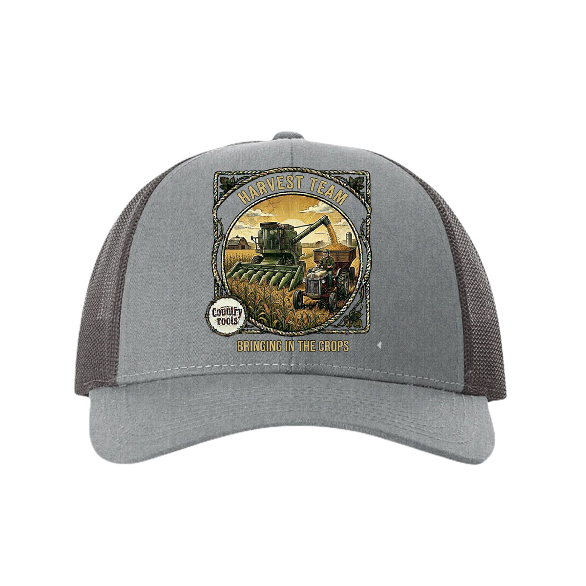 Bringing In The Crops trucker hat in gray twill with dark mesh panels and a harvest tractor graphic patch on the front.