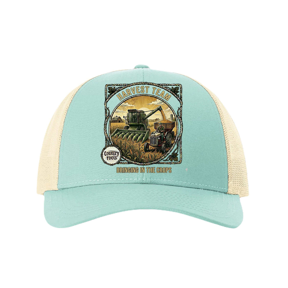 Trucker cap in aqua cotton twill with cream mesh panels, featuring a harvest team tractor graphic and Bringing In The Crops text.