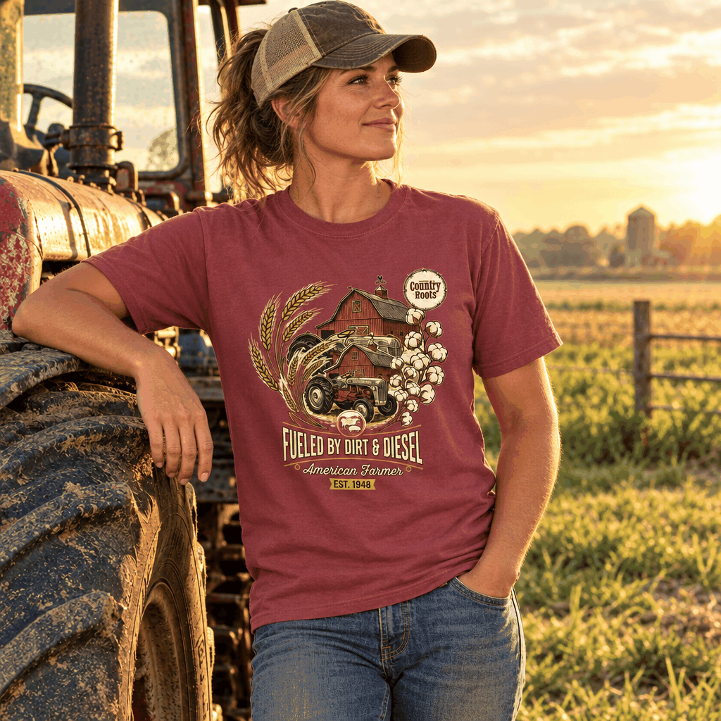 Dirt & Diesel Farm T-shirt in faded crimson cotton with a vintage tractor, barn, wheat and cotton graphic
