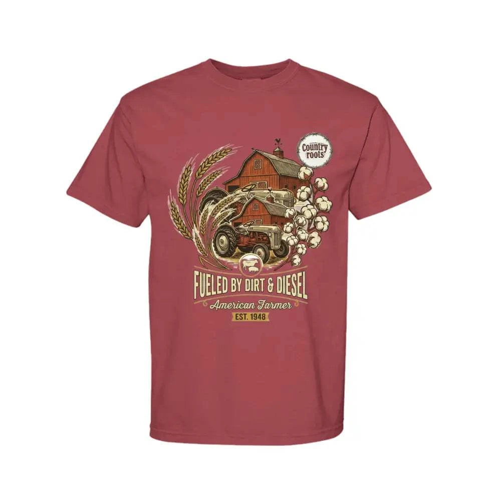 Dirt & Diesel Farm T-shirt in muted red cotton, printed with a vintage tractor, barn, wheat and cotton bolls