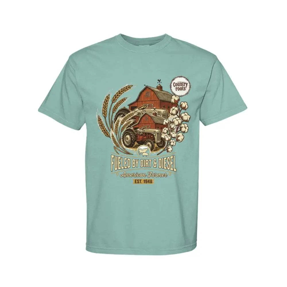 Dirt & Diesel Farm T-shirt in seafoam cotton featuring a vintage barn, tractor, wheat and cotton graphic