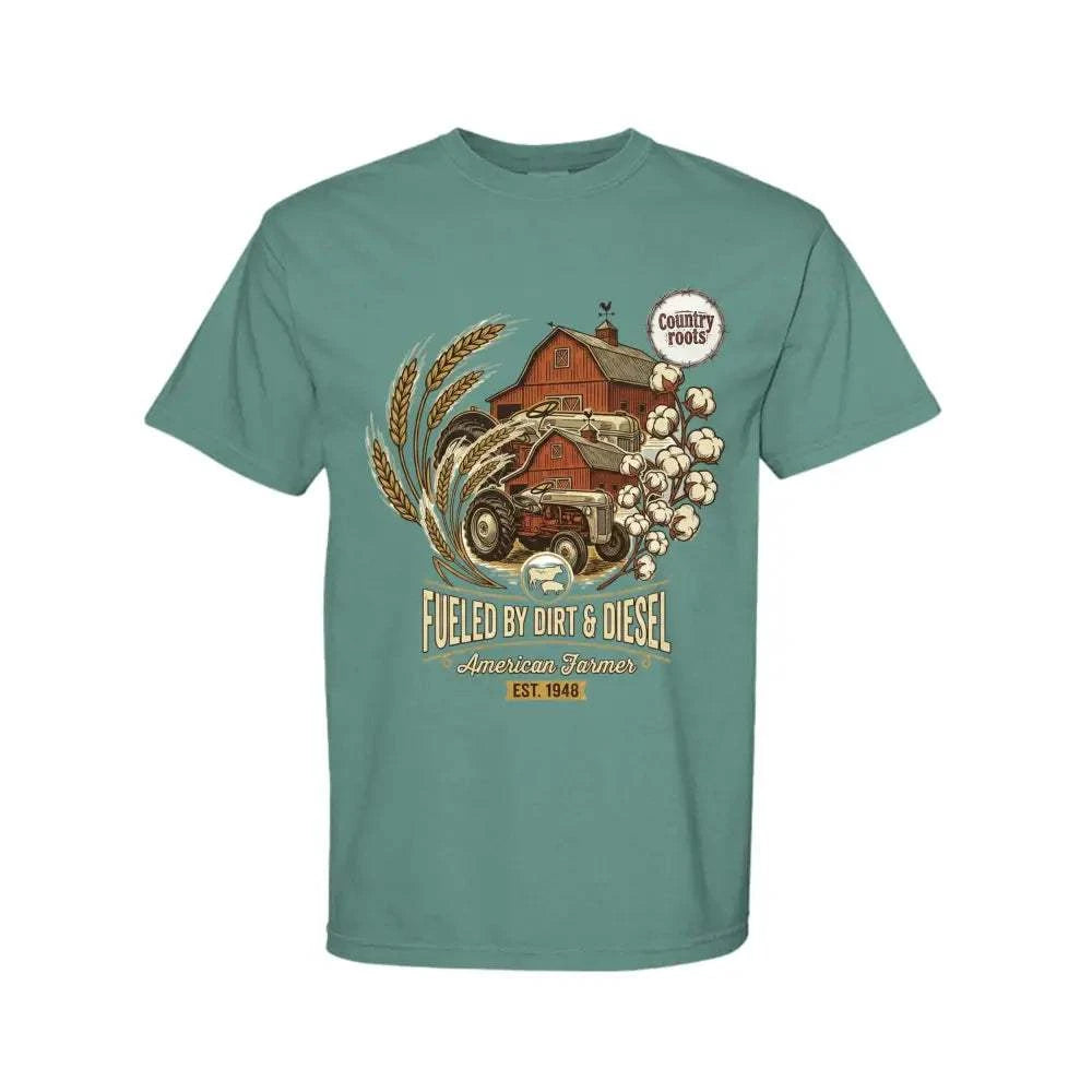 Dirt & Diesel Farm T-shirt in muted seafoam green cotton, featuring a vintage tractor, barn, wheat and cotton graphic