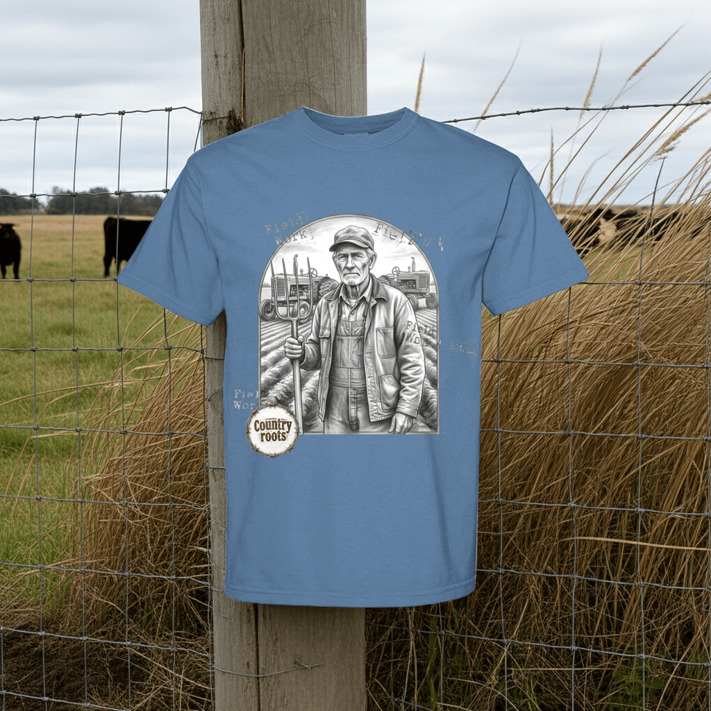 Farmer in the Field T-Shirt in faded blue cotton with a grayscale farmer illustration and small Country Roots badge