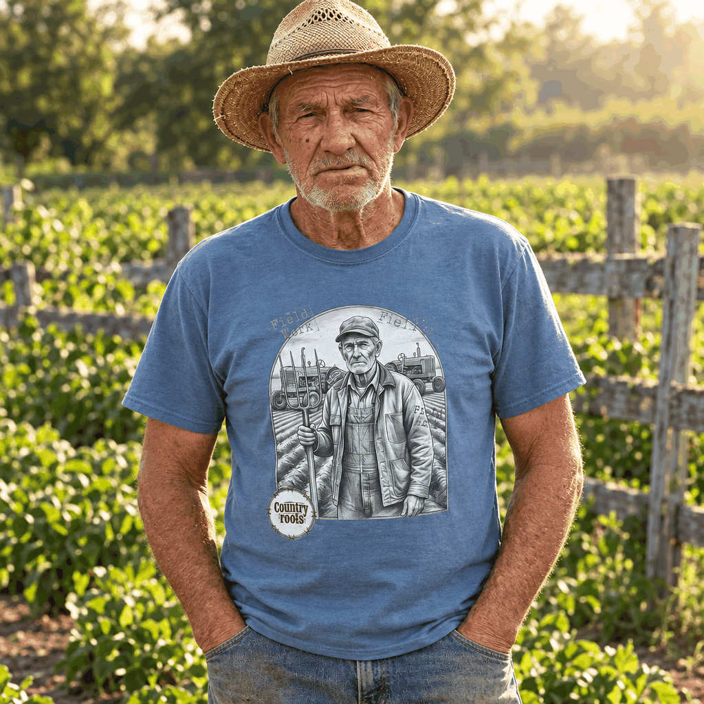 Farmer in the Field T-Shirt in blue cotton, featuring a vintage-style grayscale farmer illustration on the chest