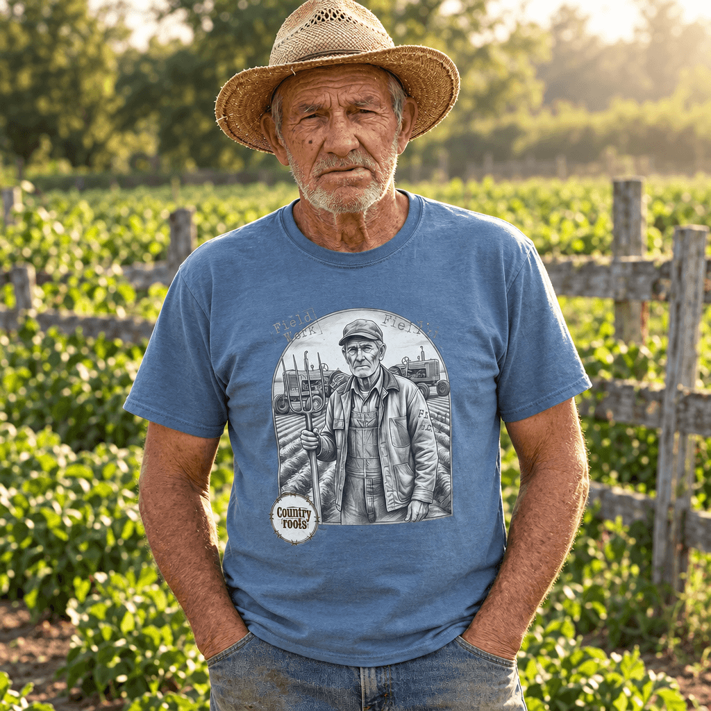 Farmer in the Field T-Shirt in faded blue cotton with a grayscale farmer-and-tractor graphic on the front