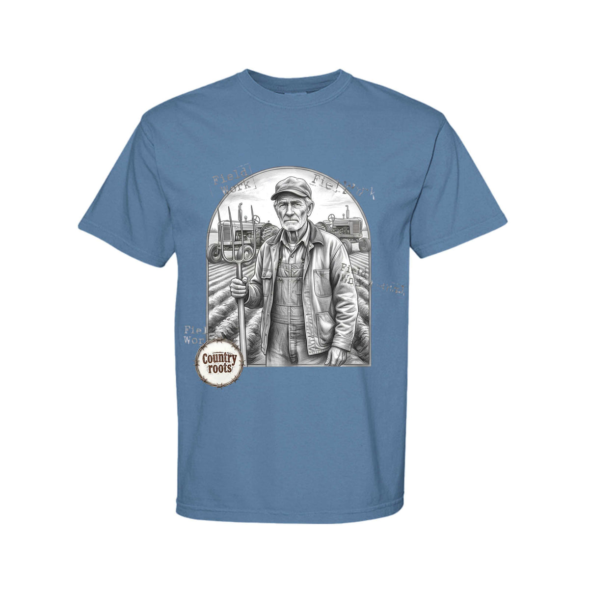 Farmer in the Field T-Shirt in muted blue cotton with a grayscale farmer-and-farm illustration and Country Roots badge