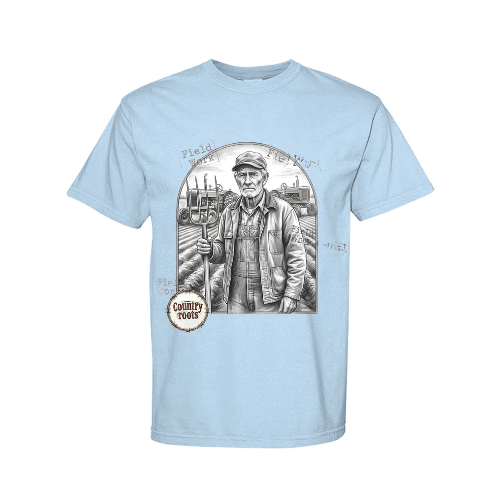 Farmer in the Field T-Shirt in pale blue cotton with a vintage black-and-white farmer illustration and country roots badge