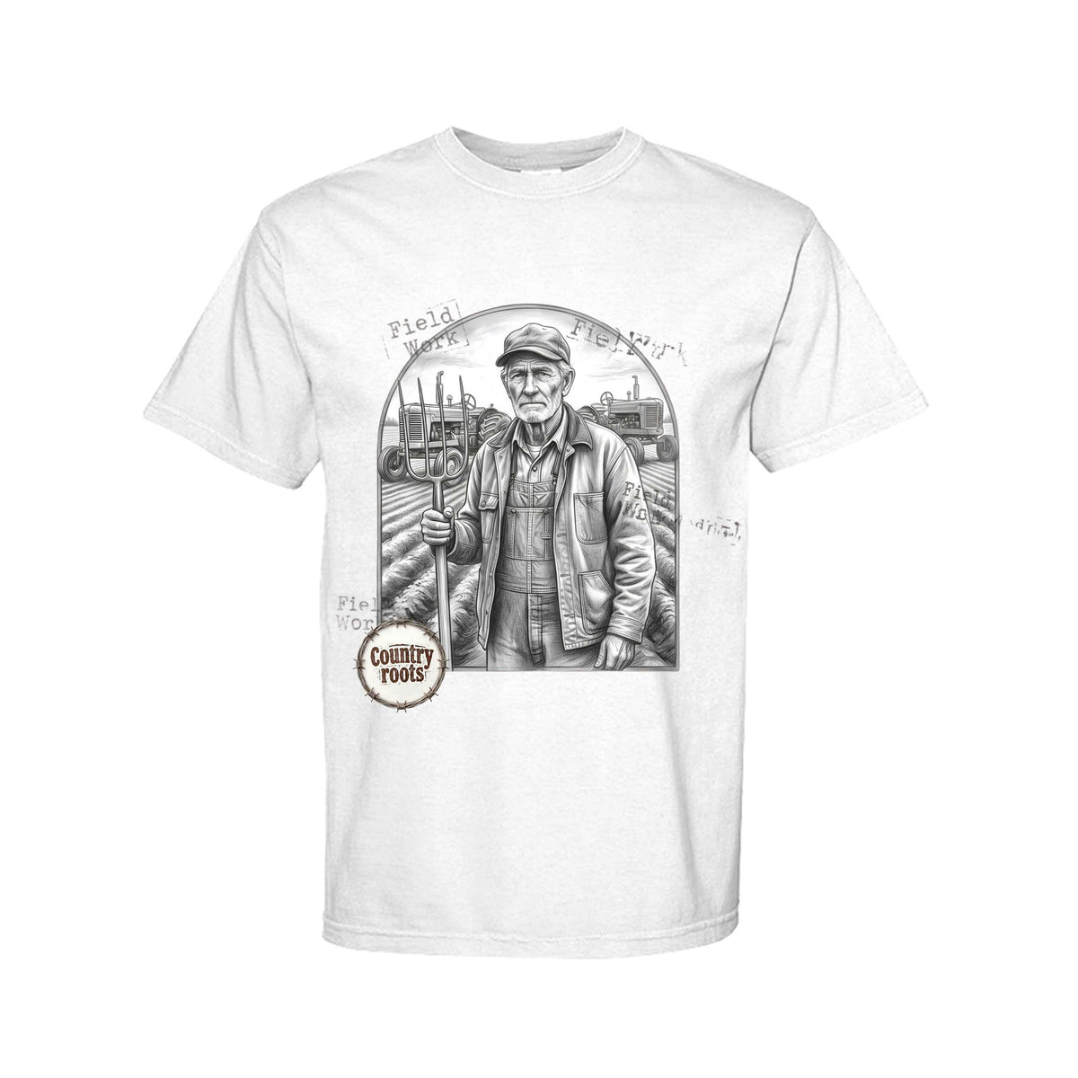 Farmer in the Field T-Shirt in white cotton with a grayscale illustration of a farmer holding a pitchfork in a field