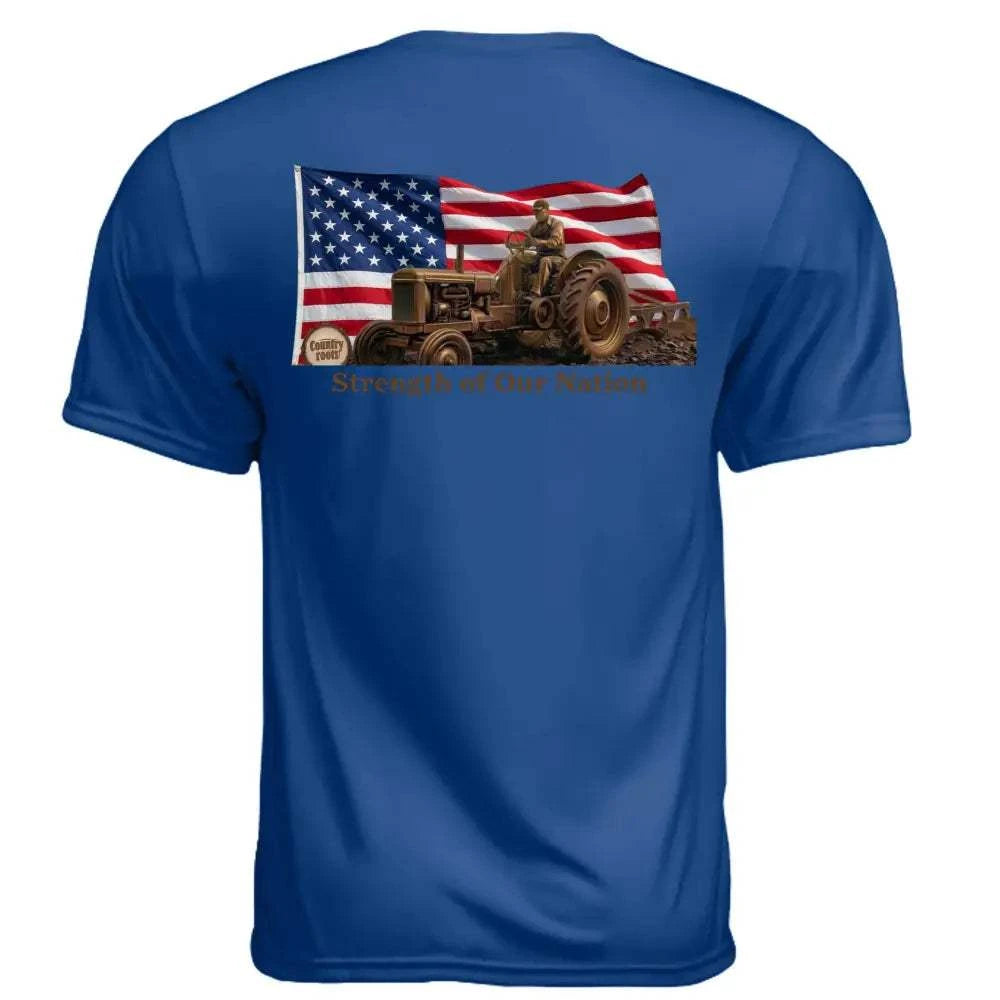 Farmers Are the Strength blue polyester T-shirt with an American flag, farmer driving a tractor and slogan