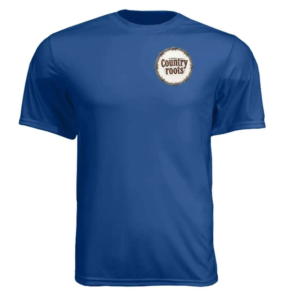 Farmers Are the Strength blue polyester T-shirt with a small circular Country Roots logo on the chest