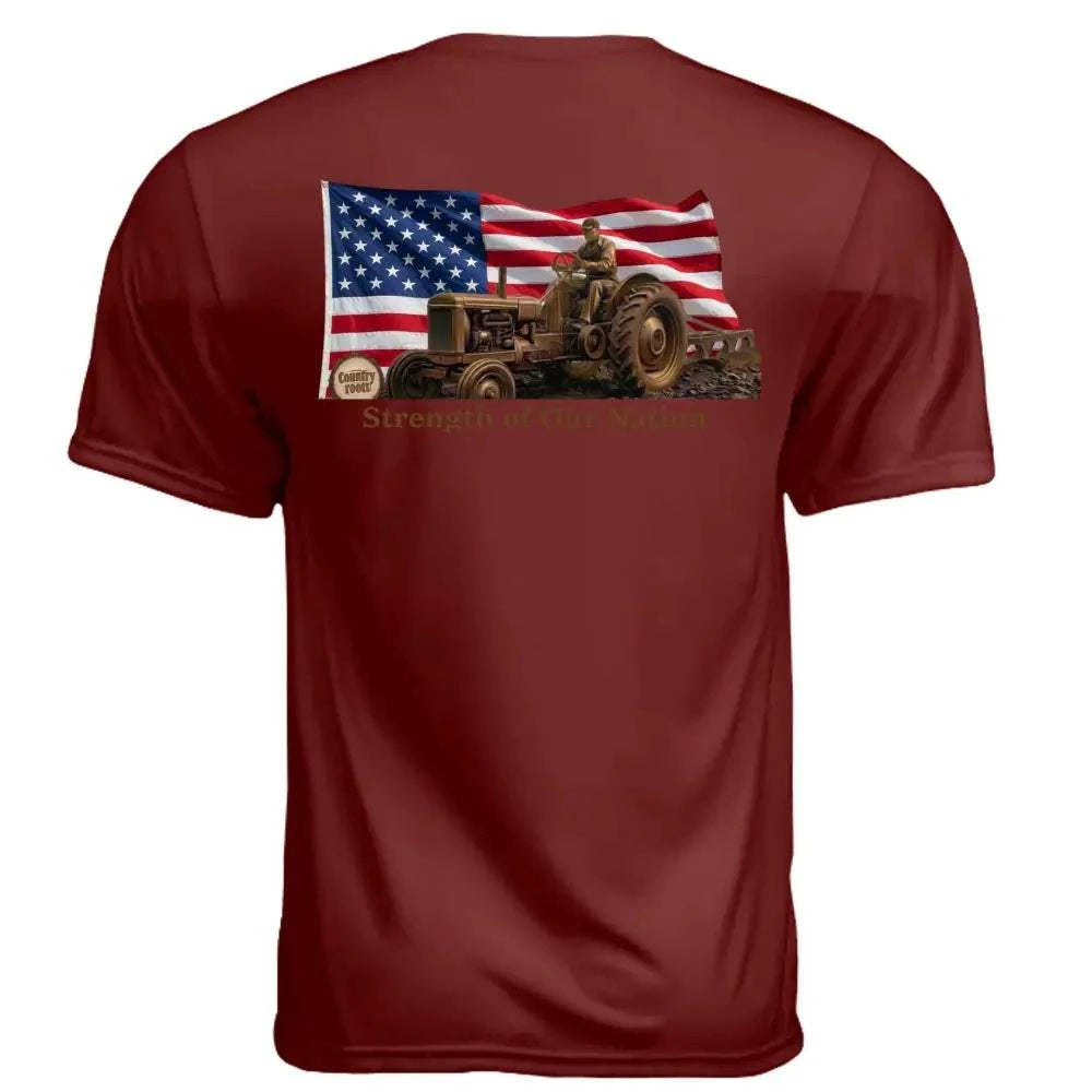 Farmers Are the Strength T-shirt in maroon polyester with a farmer on a tractor, American flag, and printed slogan