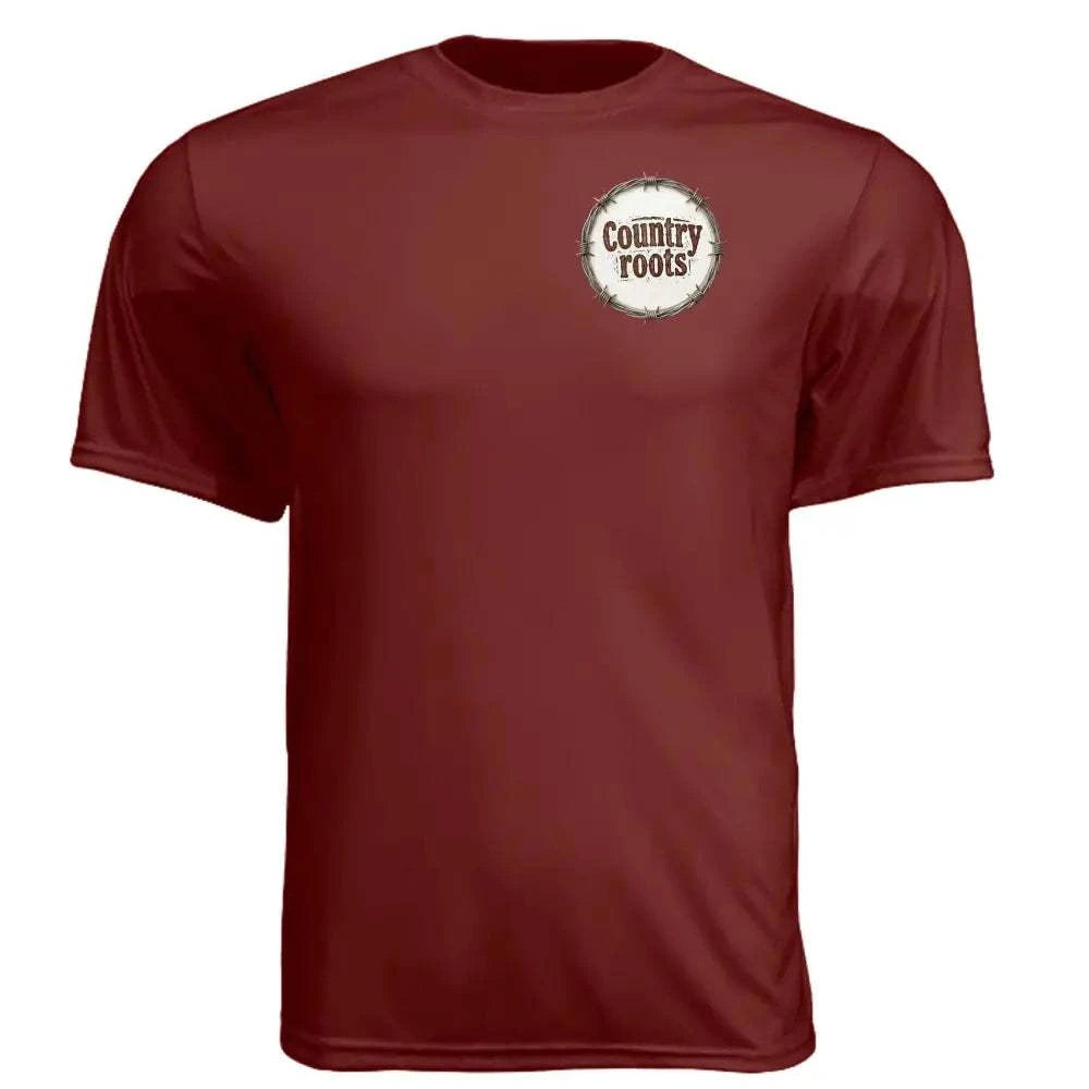 Farmers Are the Strength T-shirt in solid maroon polyester with a small circular Country Roots logo on the chest