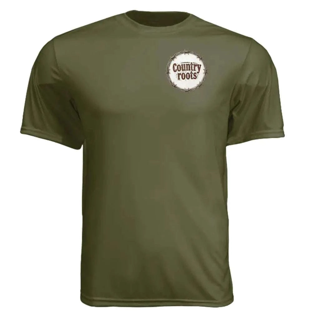 Farmers Are the Strength performance T-shirt in olive green polyester with a small circular Country Roots chest logo