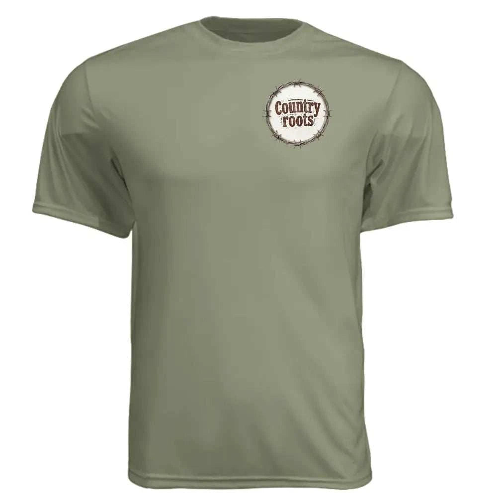 Farmers Are the Strength olive green polyester T-shirt with a small circular Country Roots logo on the chest