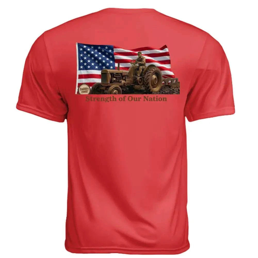 Farmers Are the Strength T-shirt in red with a farm tractor, American flag and “Strength of Our Nation” graphic