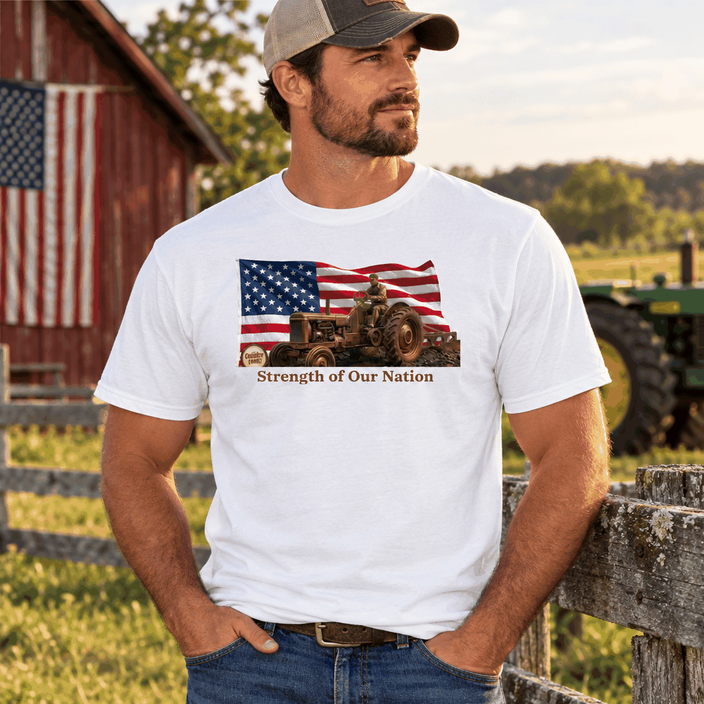 Farmers Are the Strength white polyester T-shirt with an American flag, farmer on a tractor, and nation-strength slogan