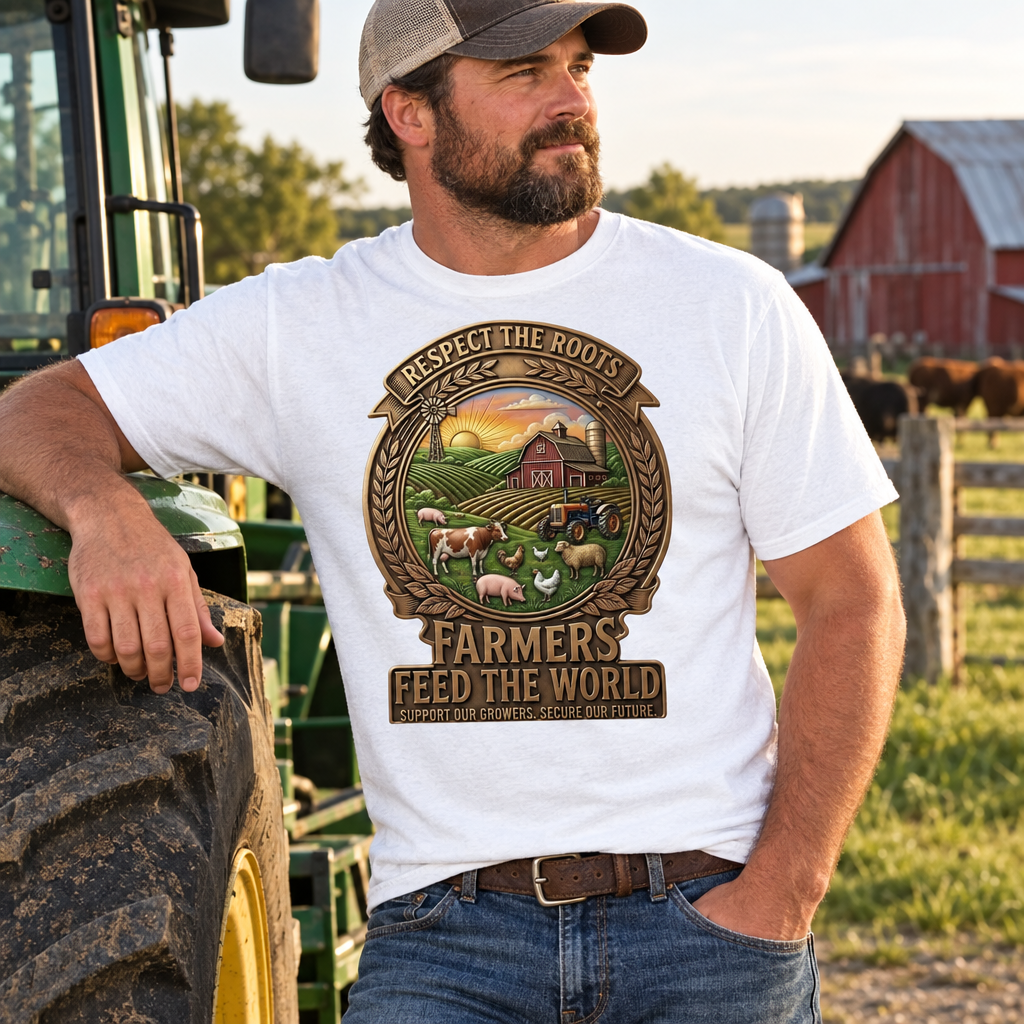 A man wearing a white graphic t-shirt with a farm-themed circular print, standing next to a green tractor on a farm with a red barn in the background.