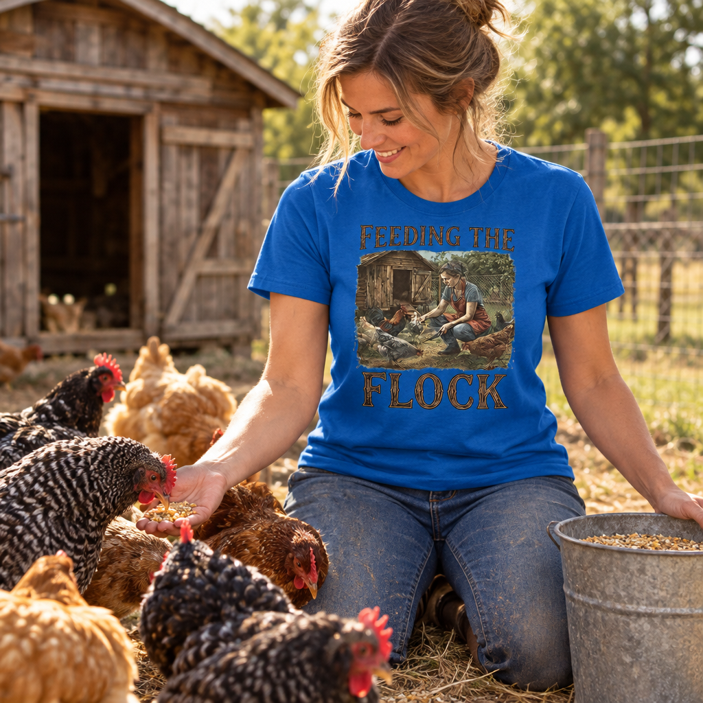 A woman kneeling on a farm while feeding chickens, wearing a bright blue graphic T-shirt with the text 'FEEDING THE FLOCK' and a rustic illustration on the front.