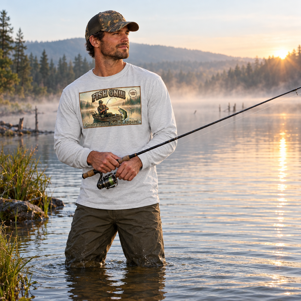 A man stands in shallow water at sunrise wearing a white long-sleeve t-shirt with a 'FISH WITH ME' graphic on the chest, olive green waders, and a camouflage cap, holding a fishing rod.