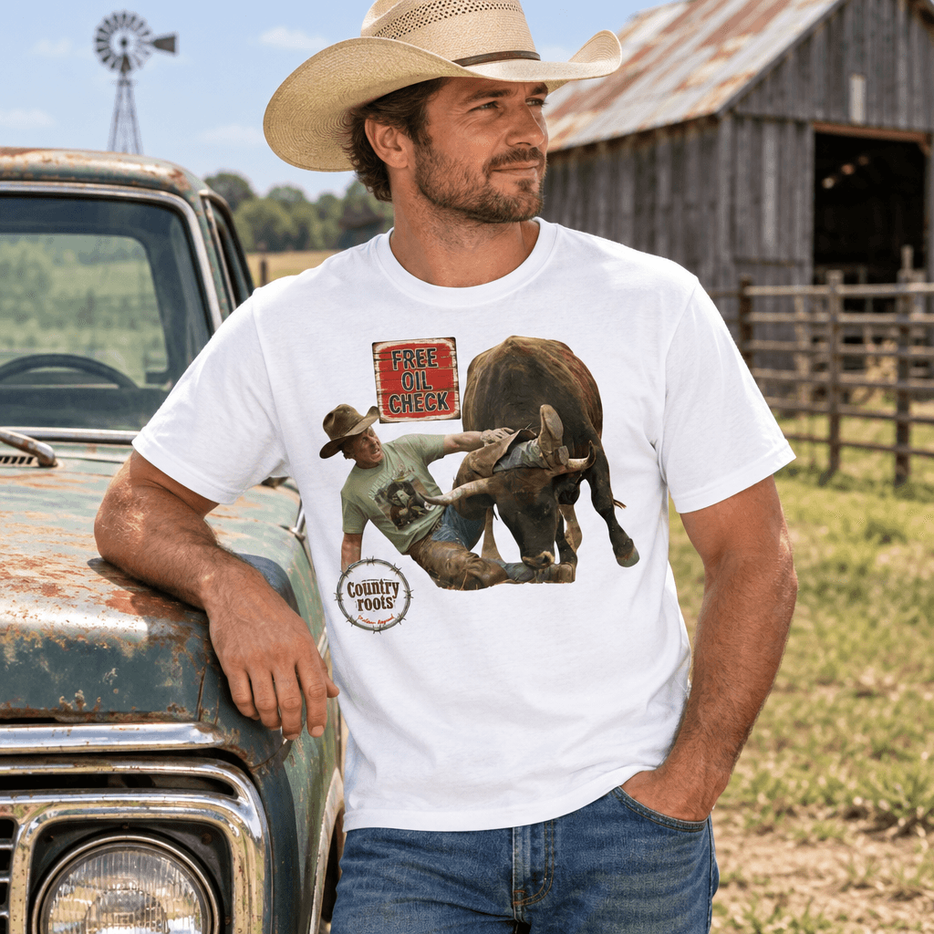 Free Oil Check Cowboy T-shirt in white cotton, featuring a colorful retro rodeo graphic with a cowboy and bull
