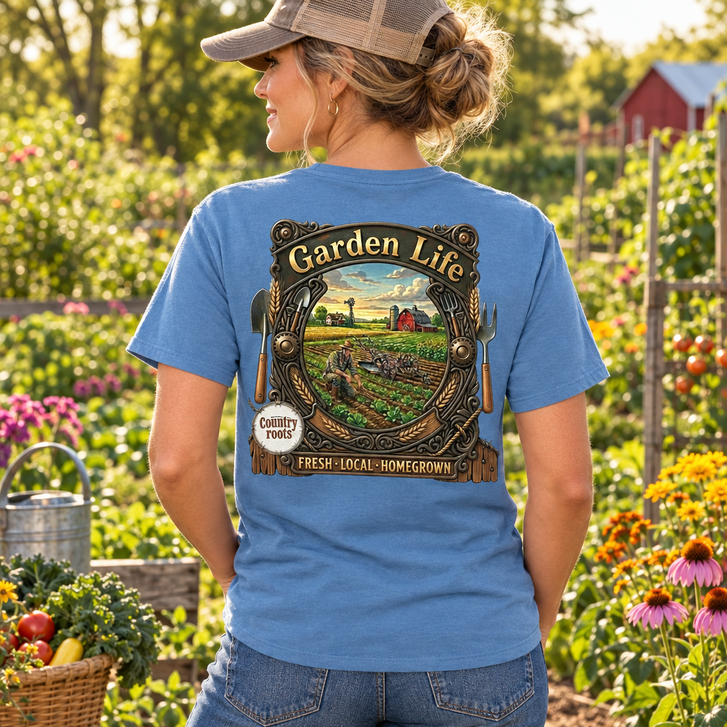 A woman wearing a blue graphic T-shirt stands in a sunny garden, shown from the back. The shirt features a large decorative farm illustration with the words “Garden Life” and “Fresh-Local Homegrown.