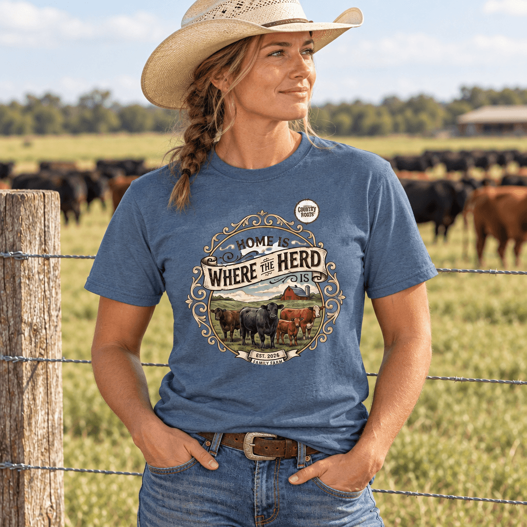 A woman wearing a blue graphic t-shirt with a 'Some Where the Herd' farm-themed print, standing in a sunny outdoor field with cows behind a wire fence.
