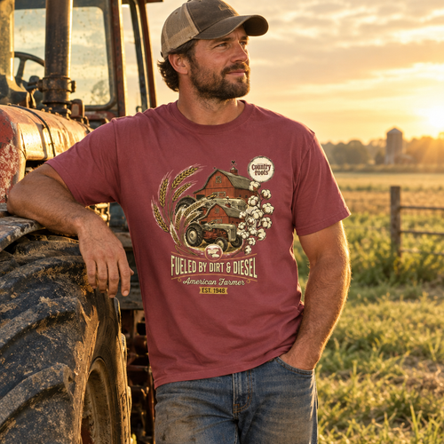 Farmer wearing the Dirt and Diesel graphic T-shirt beside a tractor and field
