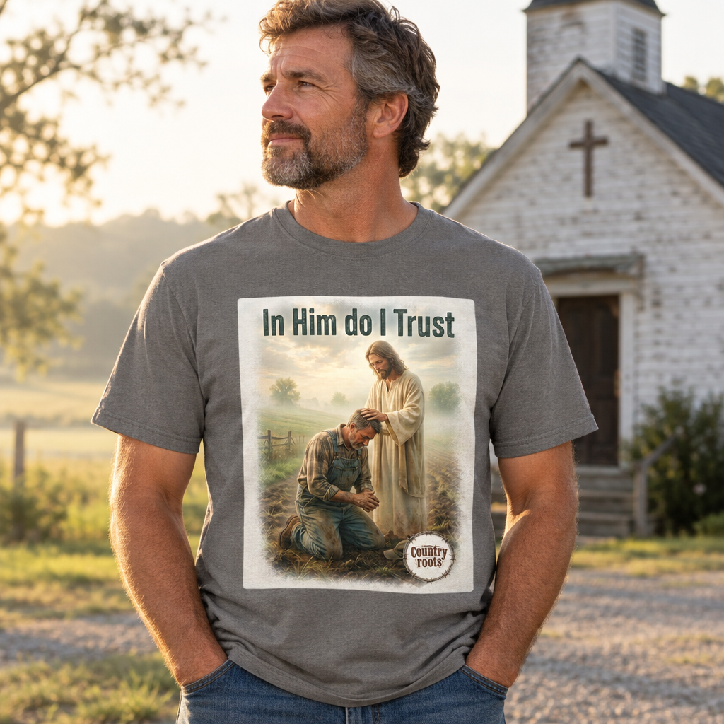 A man wearing a heather gray graphic t-shirt with a religious print that reads 'In Him do I Trust' and features a 'Quality Time' badge, standing outdoors in front of a white church building.