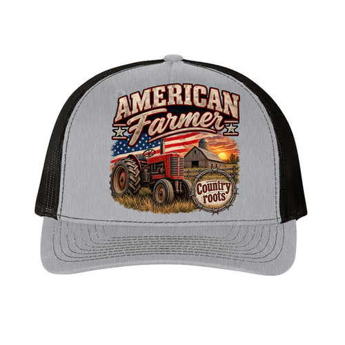 American Farmer hat design on a richardson 112 syle hat. Scene shows a tractor and old barn on a country scene 