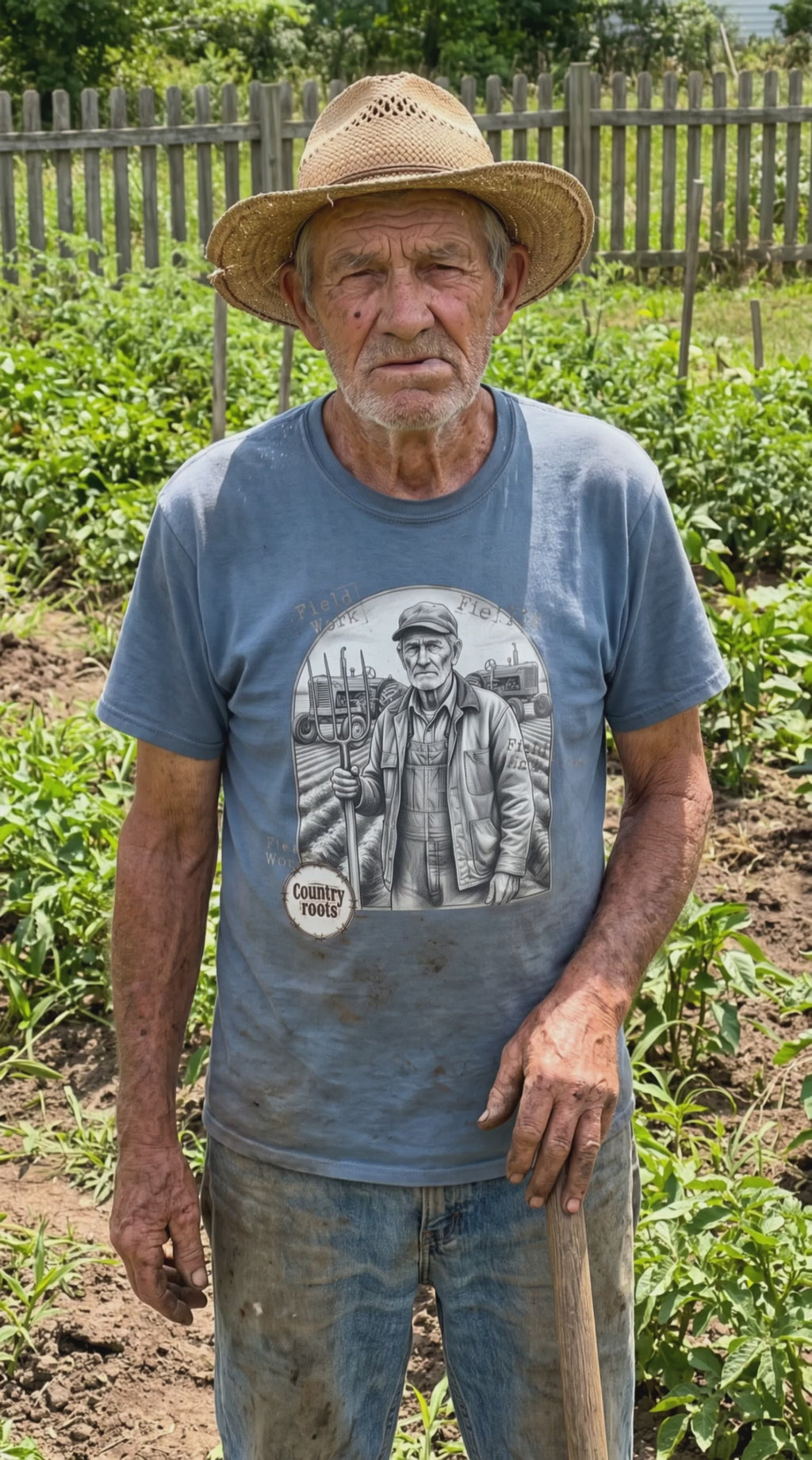 Elderly man wearing a straw hat and a graphic T-shirt with a farmer illustration, standing in a lush green farm with a wooden fence in the background