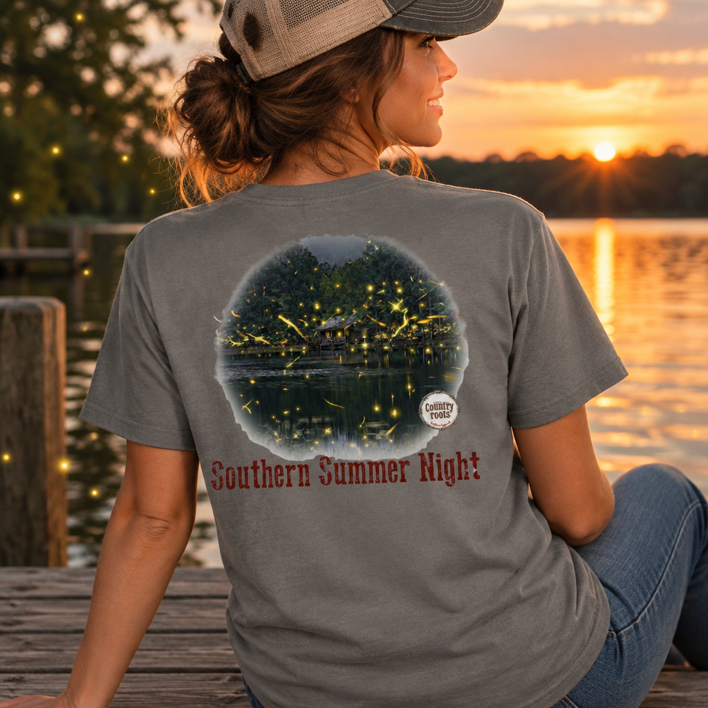 A woman wearing a gray t-shirt with a back graphic showing a lake at sunset with fireflies and the text 'Southern Summer Night!'. She is sitting on a wooden dock by the water at sunset.