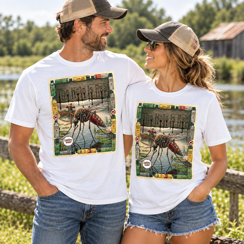 A man and a woman standing outdoors by a lake wearing matching white graphic T-shirts and tan baseball caps. The shirts feature a large vintage-style illustration of a mosquito with the text 'THE MOSQUITO IS DEAD' and decorative border details.
