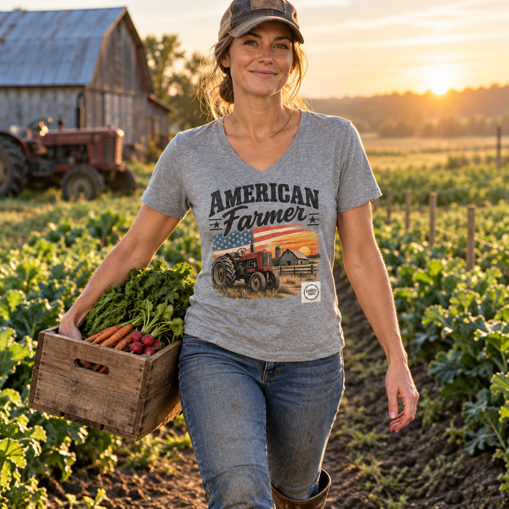 Woman wearing the Womens American Farmer T-Shirt while carrying a harvest crate beside crop rows